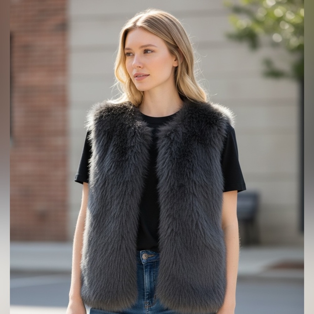 NWT Jason Wu Charcoal Gray Faux Fur Vest Shrug Bolero Open Front Fluffy Medium